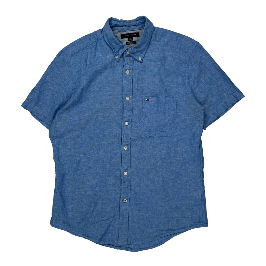 Tommy Hilfiger Short Sleeve Shirt - Medium Blue Cotton Refurbished - Thrifted (note: this is a term often used to describe second- refurbished available on Cerqular