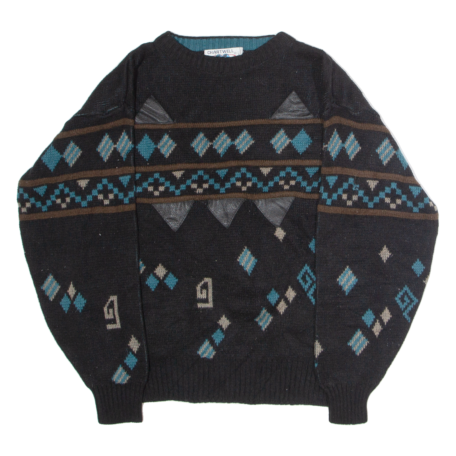 CHARTWELL Womens Patterned Jumper Black Crew Neck 90s Tight Knit L Refurbished - N/A refurbished available on Cerqular