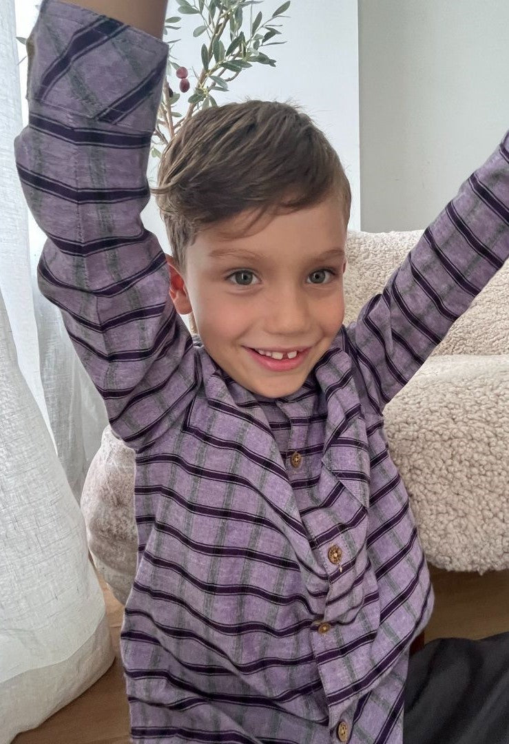 Boys shirt Akir - Purple Checks | Size: 1.5 years Refurbished - N/A (Note: This brand may not be well-known globally refurbished available on Cerqular