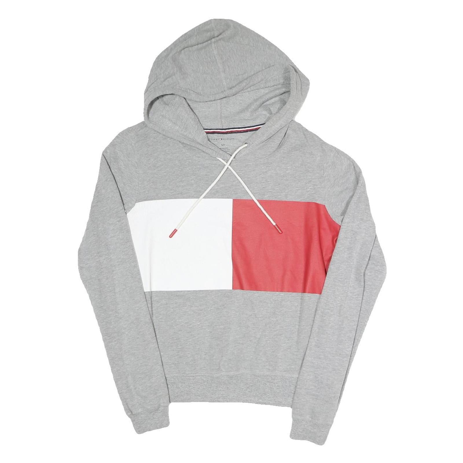 TOMMY HILFIGER Womens Grey White & Red Colourblock Pullover Hoodie S Cotton Refurbished - N/A refurbished available on Cerqular