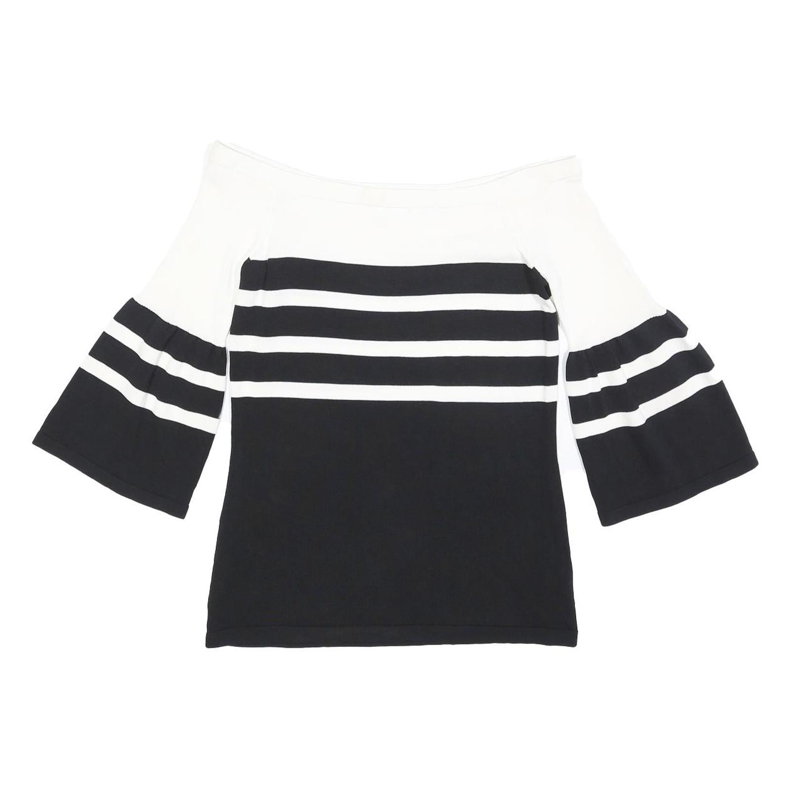 CALVIN KLEIN Womens Black & White Striped Off Shoulder Top 3/4 Sleeve S Refurbished - N/A refurbished available on Cerqular