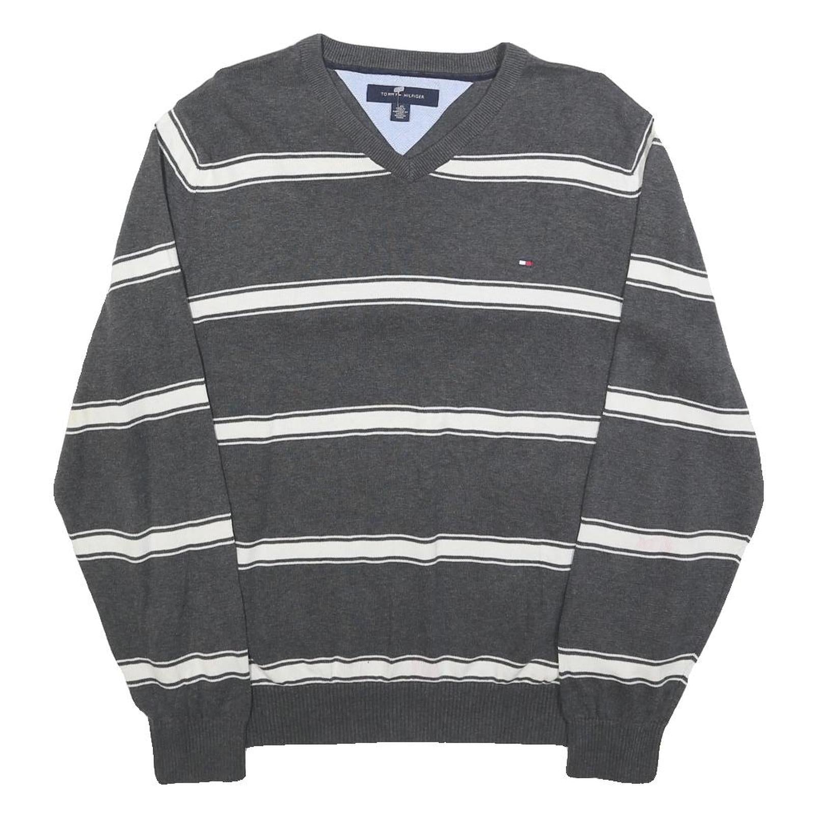 TOMMY HILFIGER Mens Grey & White Patterned Jumper V-Neck Basic Knit L Cotton Refurbished - N/A refurbished available on Cerqular