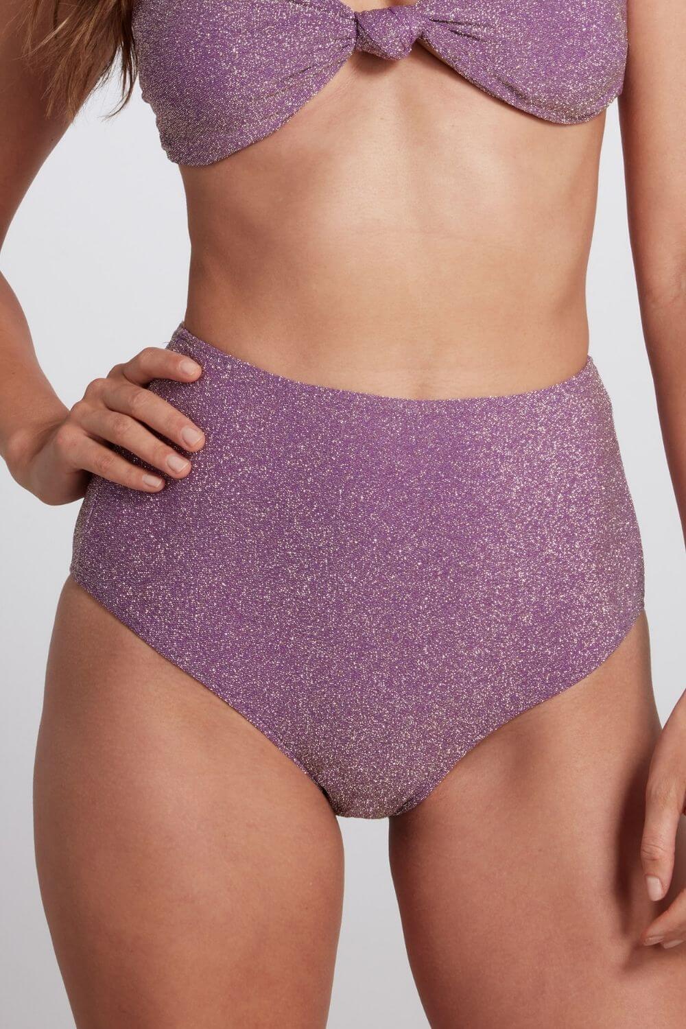 Claire High Waist Bikini Bottom Lurex Lilac | Size: Small Refurbished - Sauipe Swim refurbished available on Cerqular
