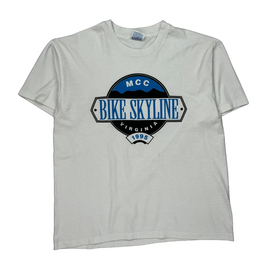 Bike Skyline Virginia 1995 Hanes Graphic T-Shirt - Large White Cotton Blend Refurbished - Thrifted (note: this is a term often used to describe second- refurbished available on Cerqular