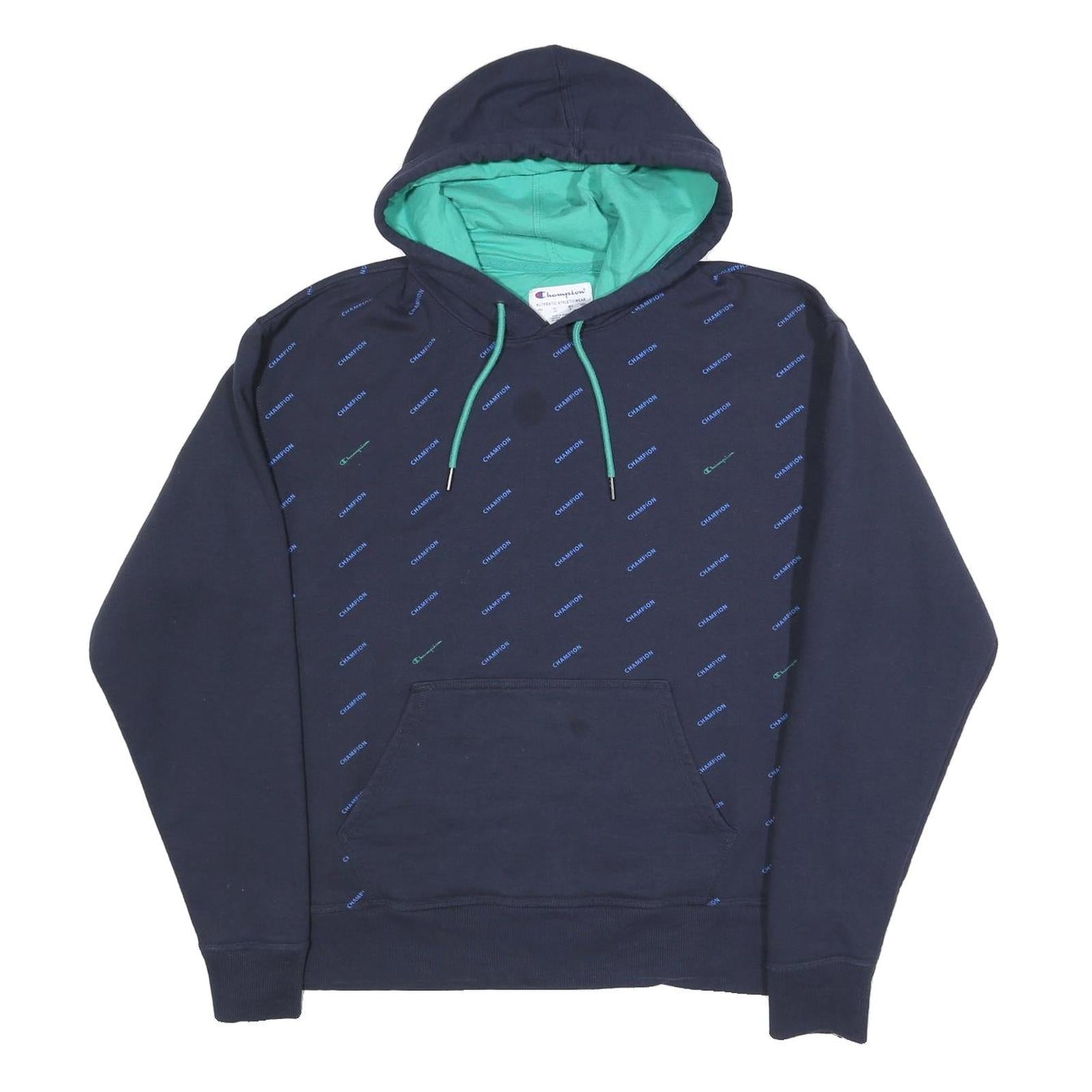 CHAMPION Mens Navy Blue & Green Hooded Pullover L Cotton Blend Hoodie Refurbished - N/A refurbished available on Cerqular