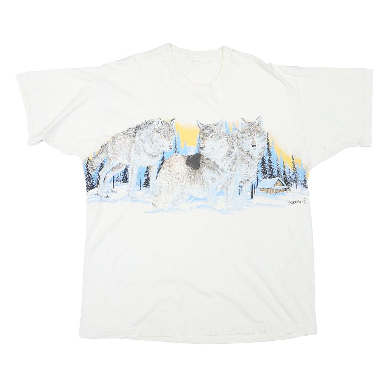 Mens White Cotton Blend Wolves Graphic T-Shirt M Short Sleeve Crew Neck Nature Refurbished - N/A refurbished available on Cerqular