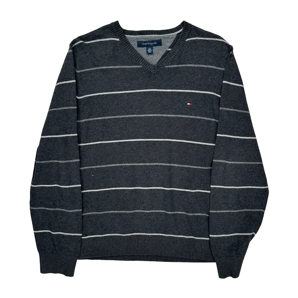 Tommy Hilfiger V-Neck Jumper - Large Grey Cotton Blend Refurbished - Thrifted (note: this is a term often used to describe second- refurbished available on Cerqular