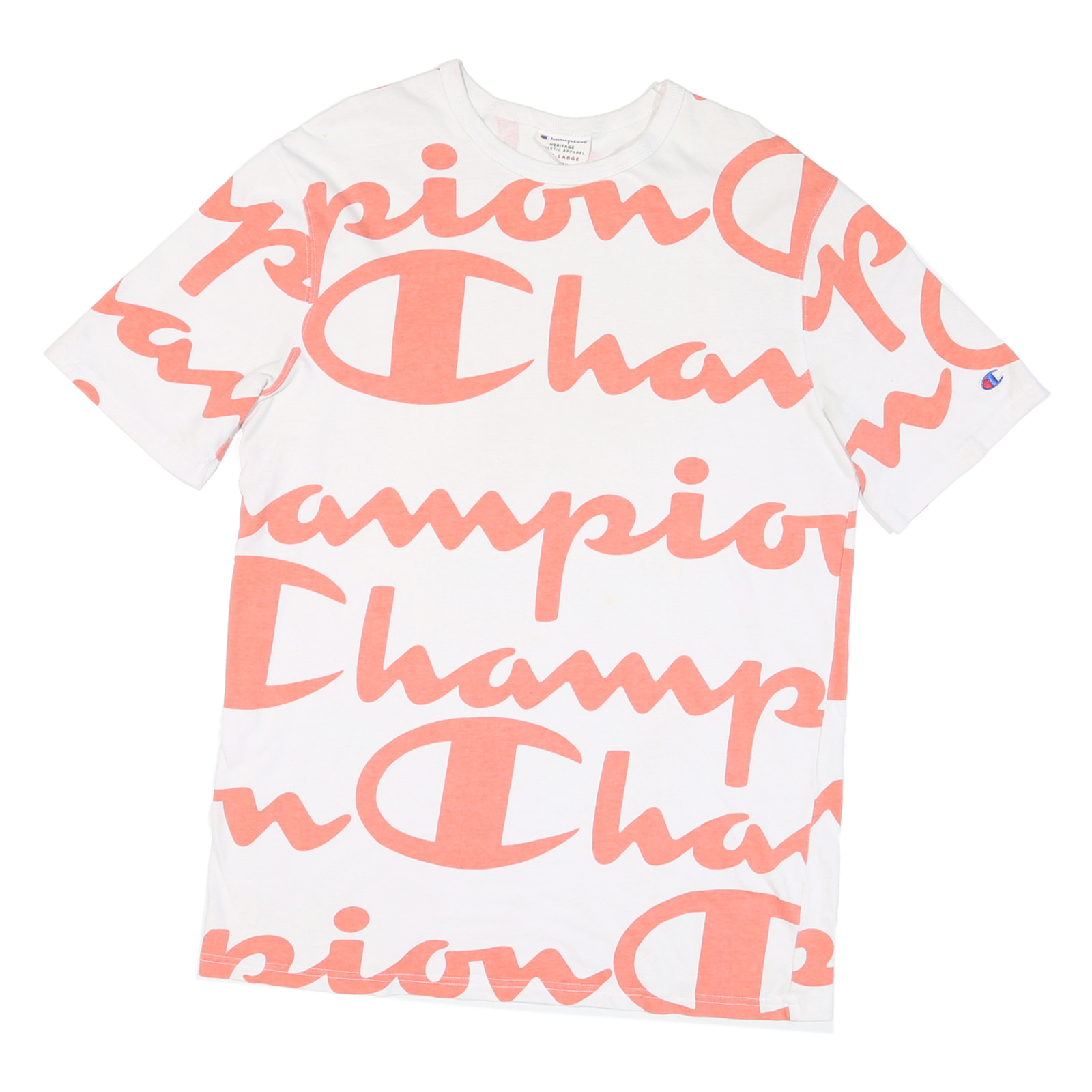 CHAMPION Mens White & Peach Logo Graphic T-Shirt L Short Sleeve Crew Neck Refurbished - N/A refurbished available on Cerqular
