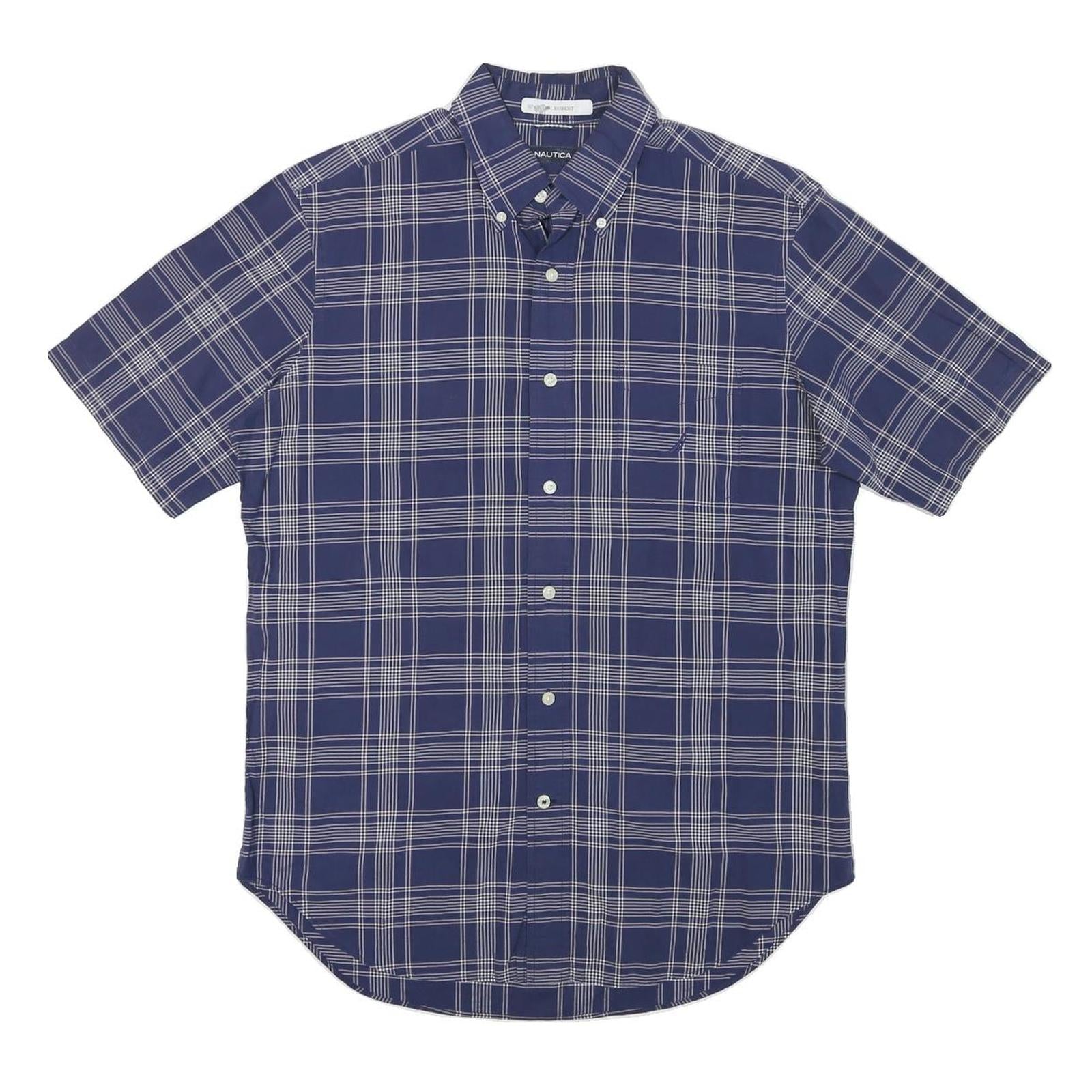 NAUTICA Mens Blue & White Check Shirt M Button-Down Short Sleeve Cotton Blend Refurbished - N/A refurbished available on Cerqular
