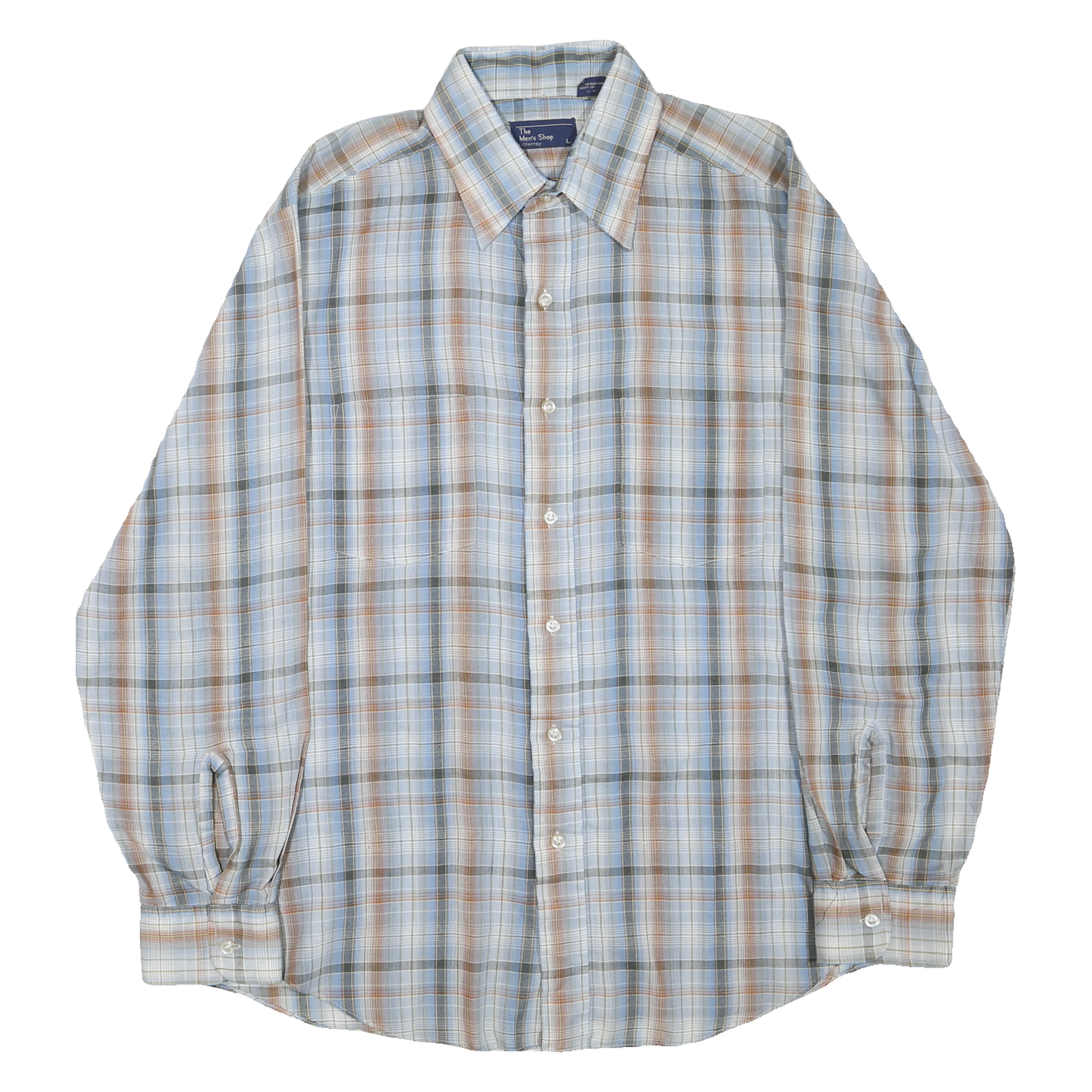 JC PENNEY Mens Blue & Brown Check Shirt L Long Sleeve Button Cotton Blend Refurbished - N/A refurbished available on Cerqular