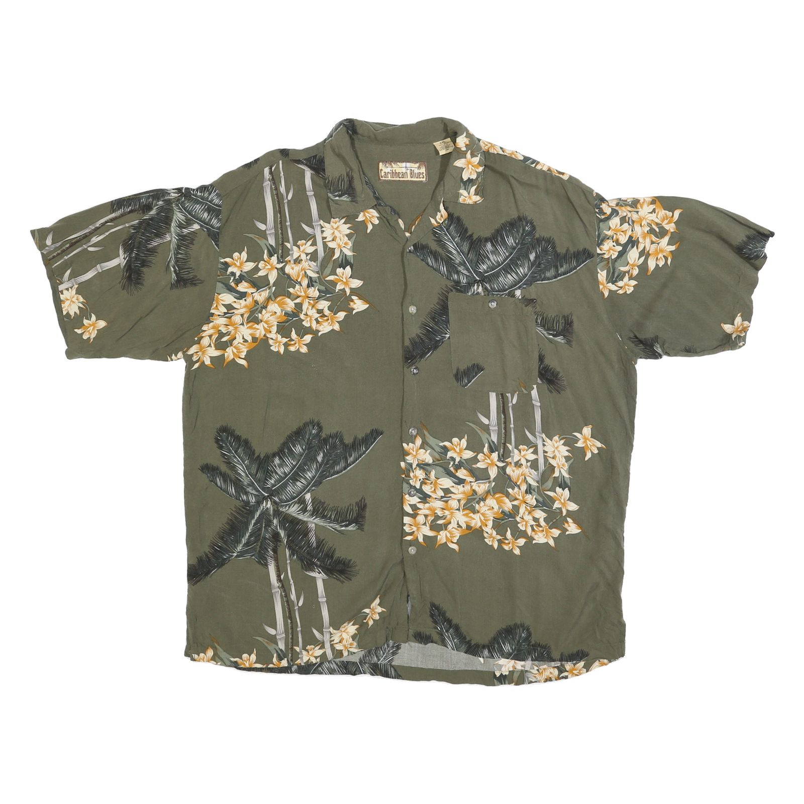 CARIBBEAN BLUES Mens Green Rayon 2XL Hawaiian Style Shirt Floral Palm Print Refurbished - N/A refurbished available on Cerqular