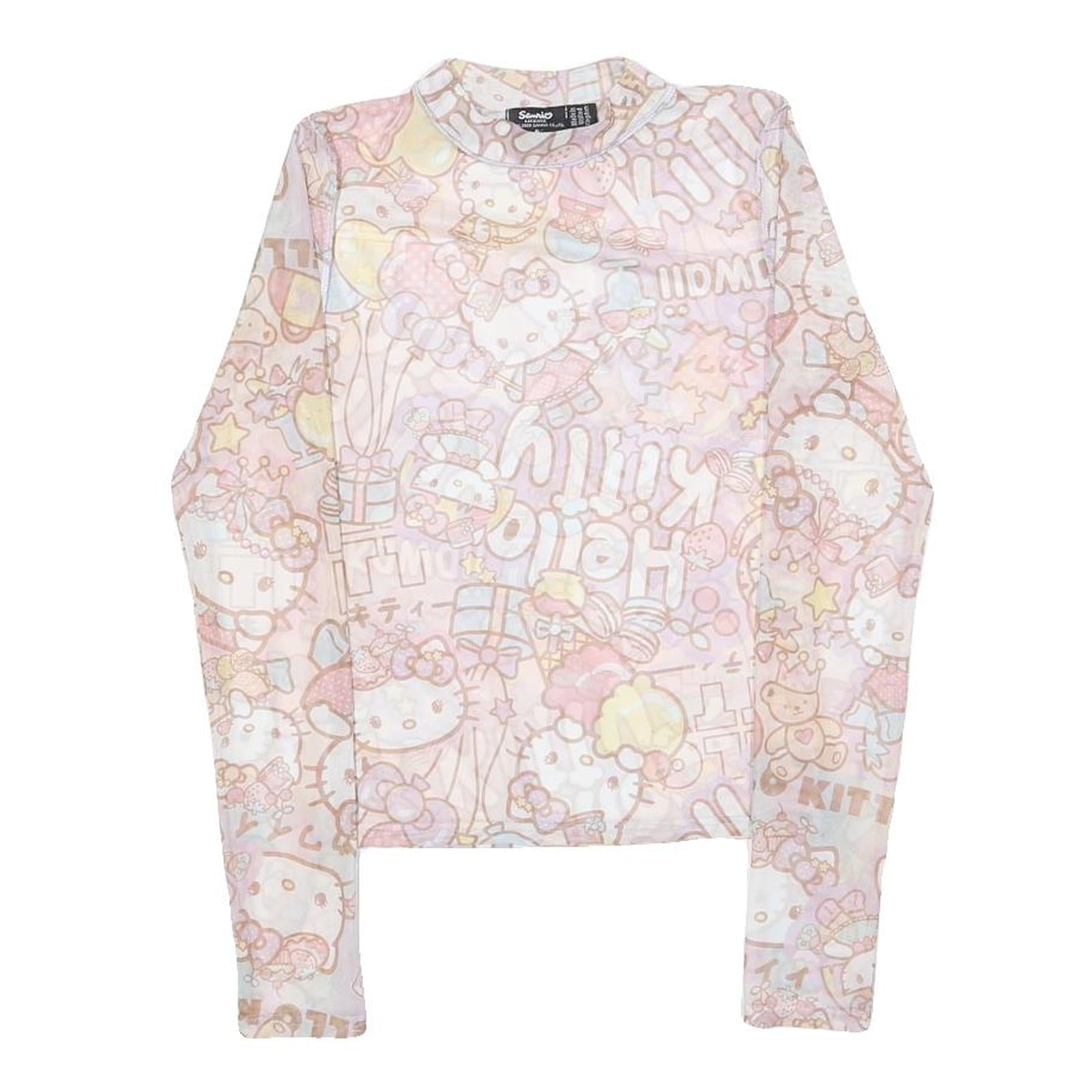 SAWRI Womens Pink Printed Long Sleeve Round Neck Top S Hello Kitty Mesh Refurbished - N/A refurbished available on Cerqular