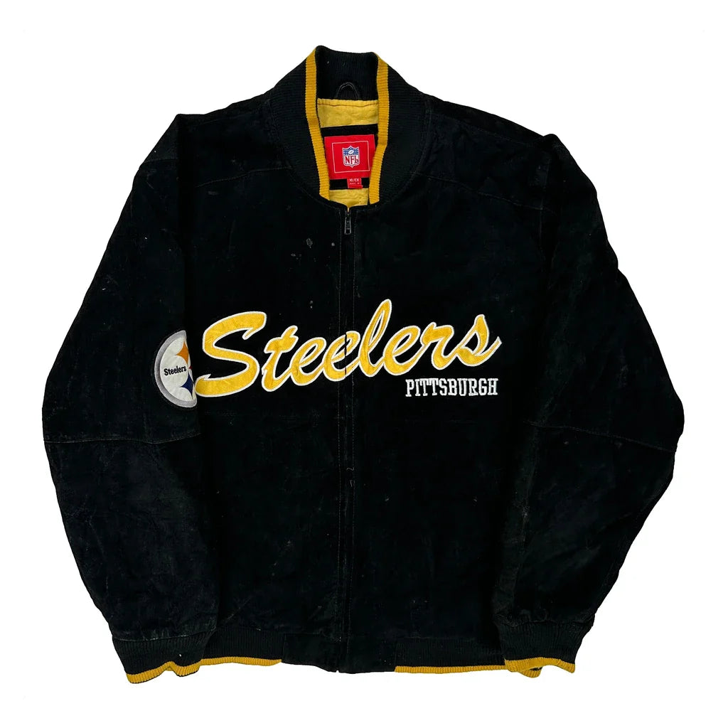 Buy Pittsburgh Steelers Nfl Varsity Jacket - XL Black Suede Refurbished - $200.99 Pittsburgh Steelers Nfl Varsity Jacket - XL Black Suede Refurbished - Thrifted (note: this is a term often used to describe second- refurbished available on Cerqular