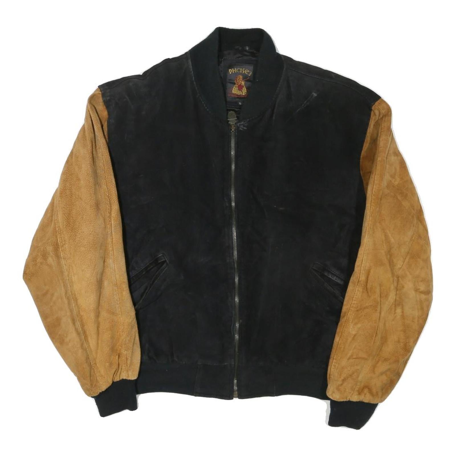 PHASE EIGHT Mens Black & Brown Leather Bomber Jacket L Suede Zip Closure Refurbished - N/A refurbished available on Cerqular
