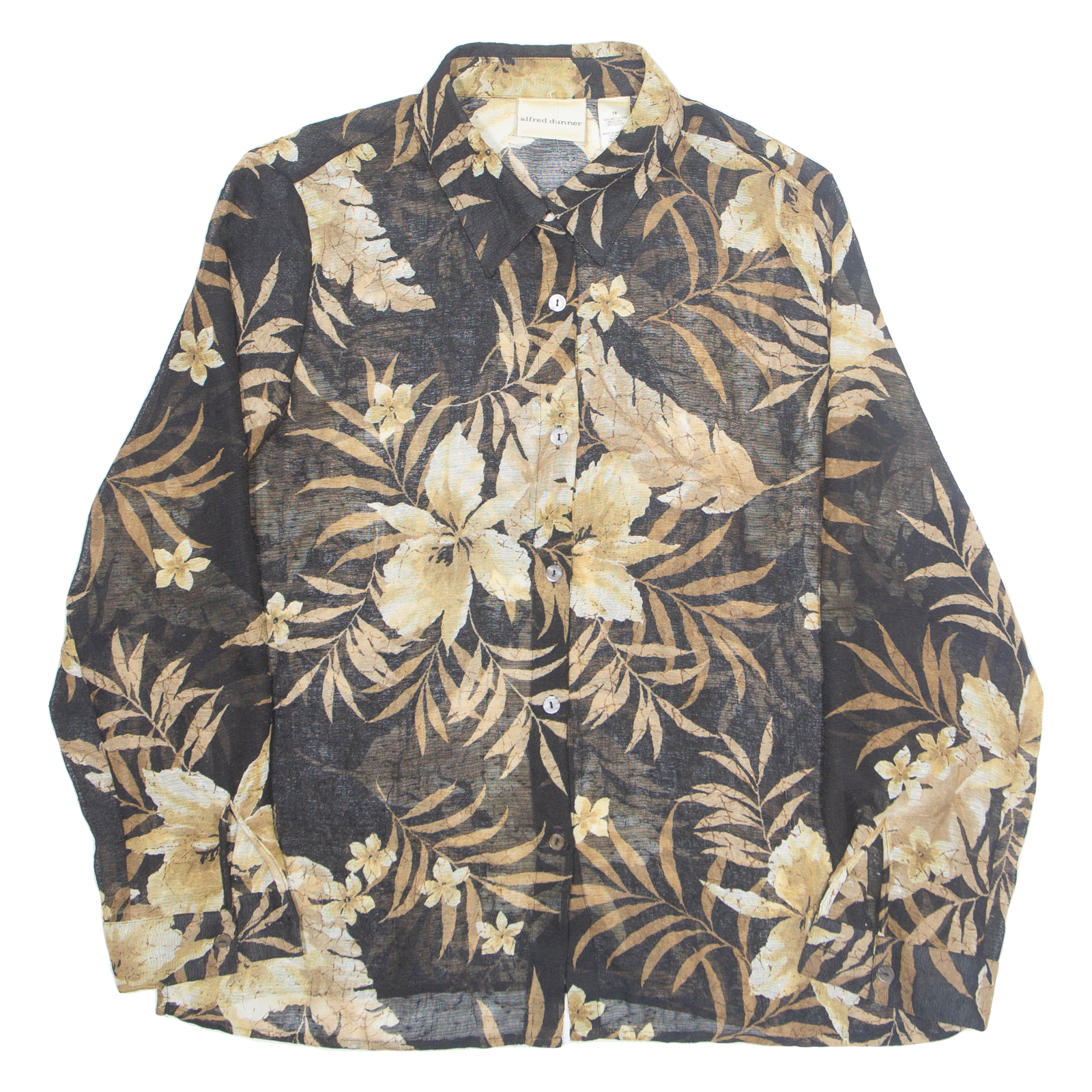 ALFRED DUNNER Sheer Womens Printed Shirt Brown Collared Long Sleeve Floral L Refurbished - N/A refurbished available on Cerqular