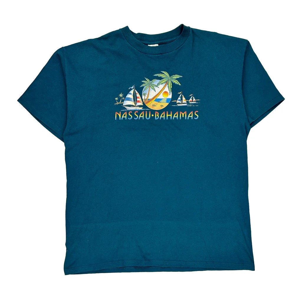 H.L Miller Single Stitch T-Shirt - 2XL Blue Cotton Refurbished - Thrifted (note: this is a term often used to describe second- refurbished available on Cerqular