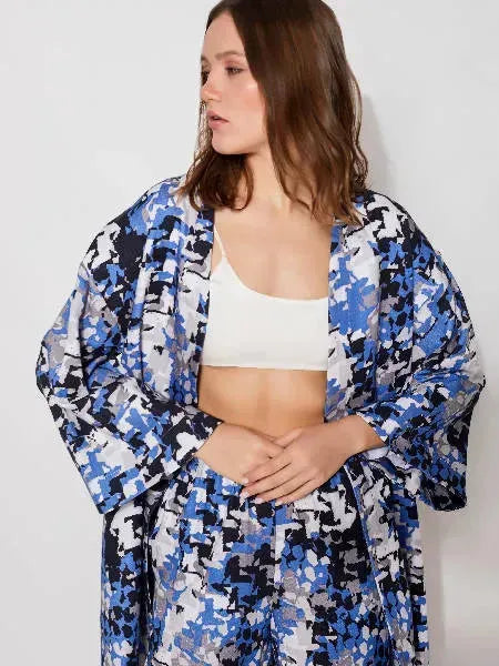 Oasis Printed Kimono Robe | Size: 32 | Color: Blue Black Refurbished - N/A (Anjum Khan is a personal name, not a brand refurbished available on Cerqular