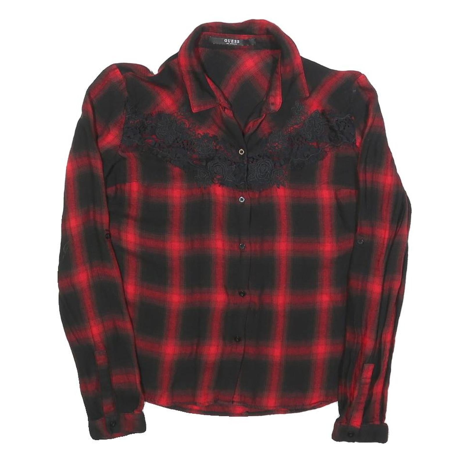 GUESS Womens Red & Black Plaid Shirt Long Sleeve Collared S Lace Detail Refurbished - N/A refurbished available on Cerqular