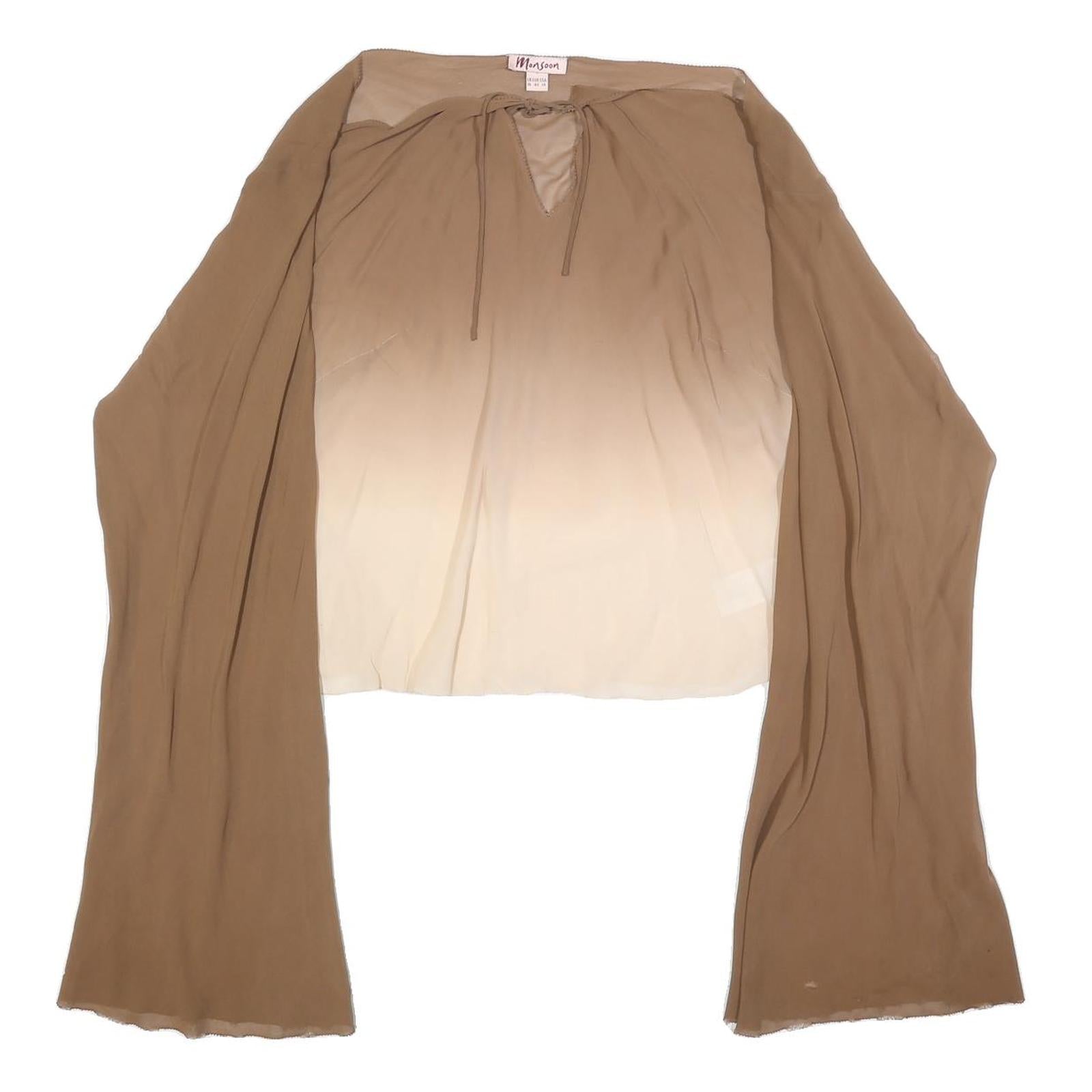 MONSOON Womens Beige & Cream Long Sleeve V-Neck Band Collar Silk Top UK 18 Basic Refurbished - N/A refurbished available on Cerqular