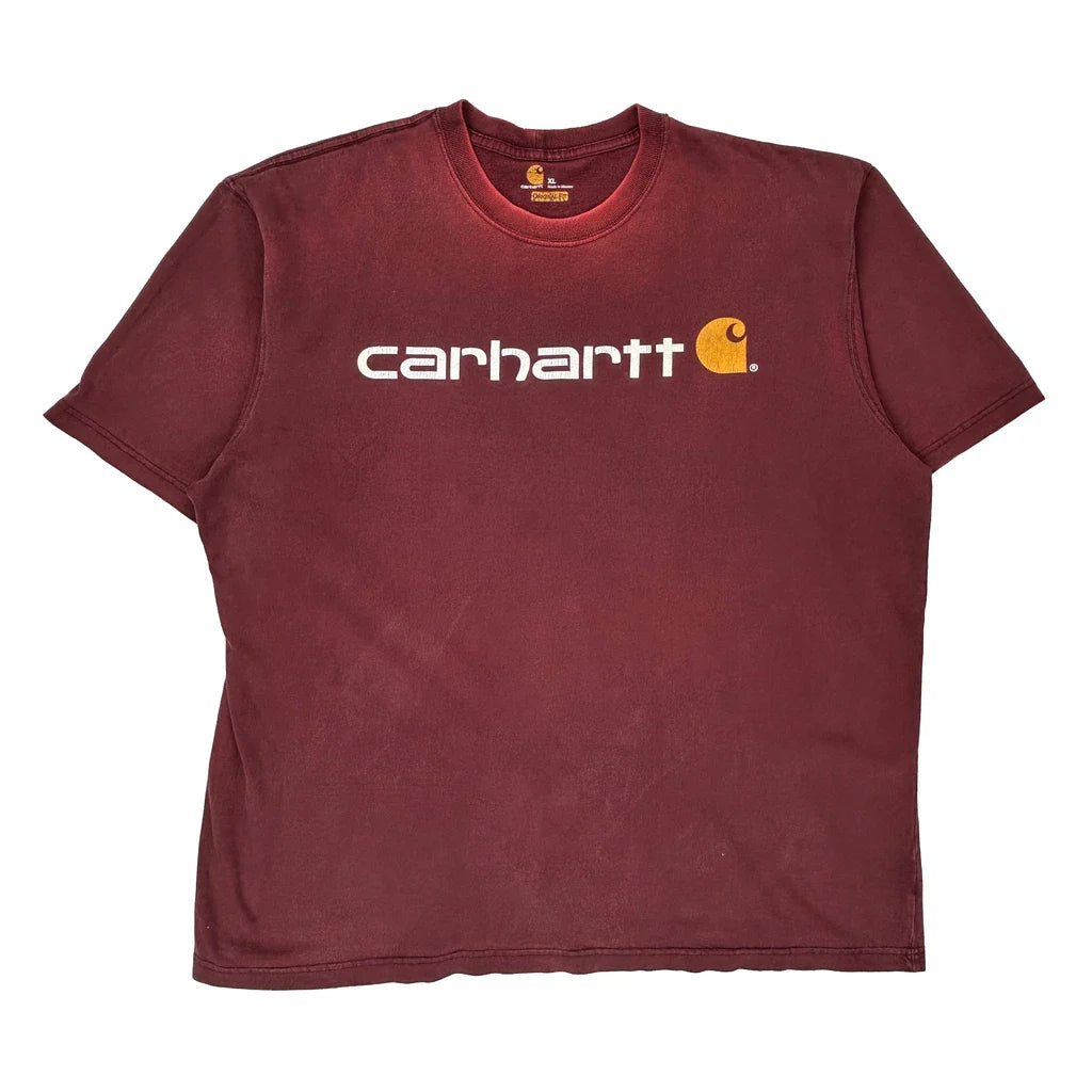 Carhartt Spellout T-Shirt - XL Burgundy Cotton Refurbished - Thrifted (note: this is a term often used to describe second- refurbished available on Cerqular