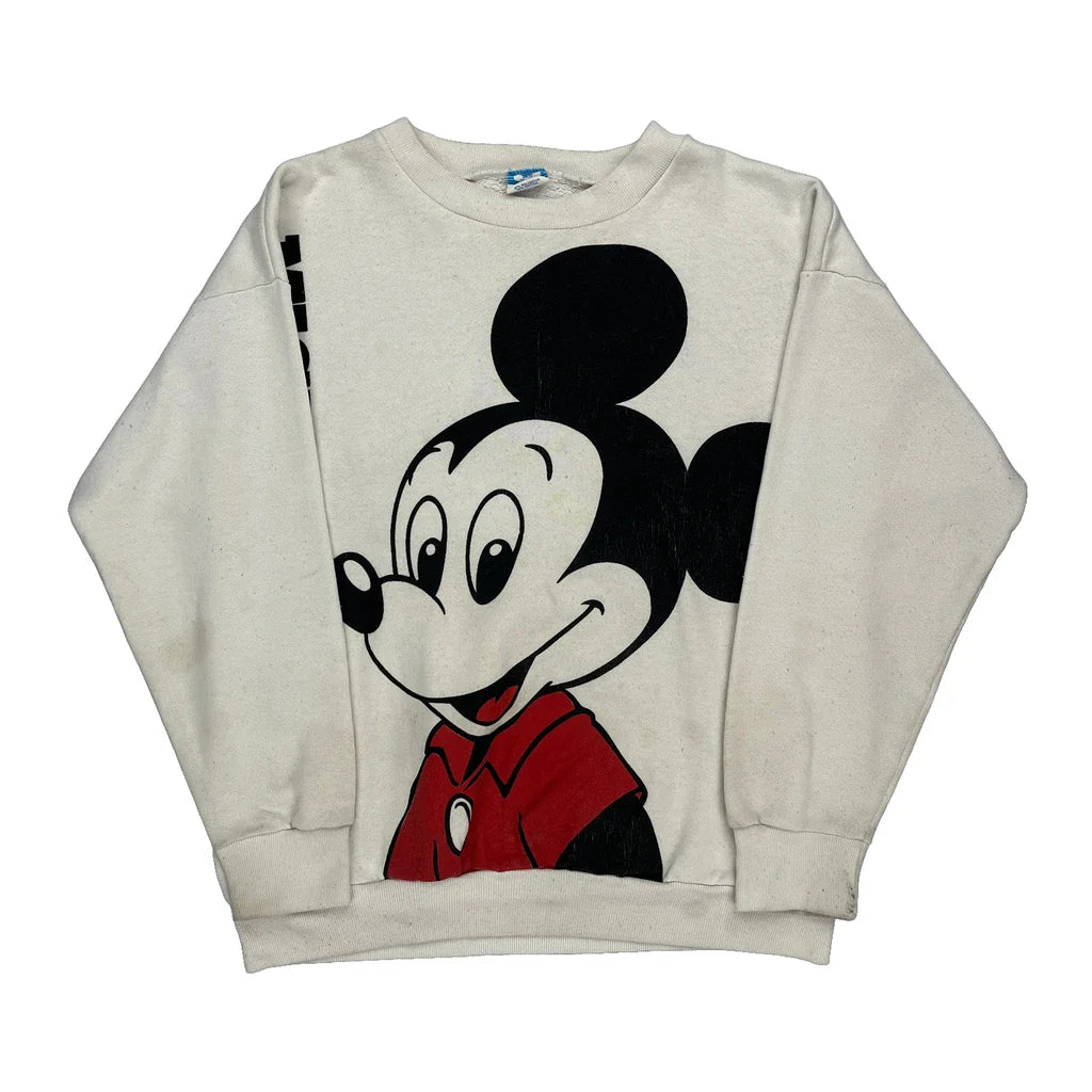 Mickey Mouse Disney Cartoon Sweatshirt - Medium Black Cotton Blend Refurbished - Thrifted (note: this is a term often used to describe second- refurbished available on Cerqular
