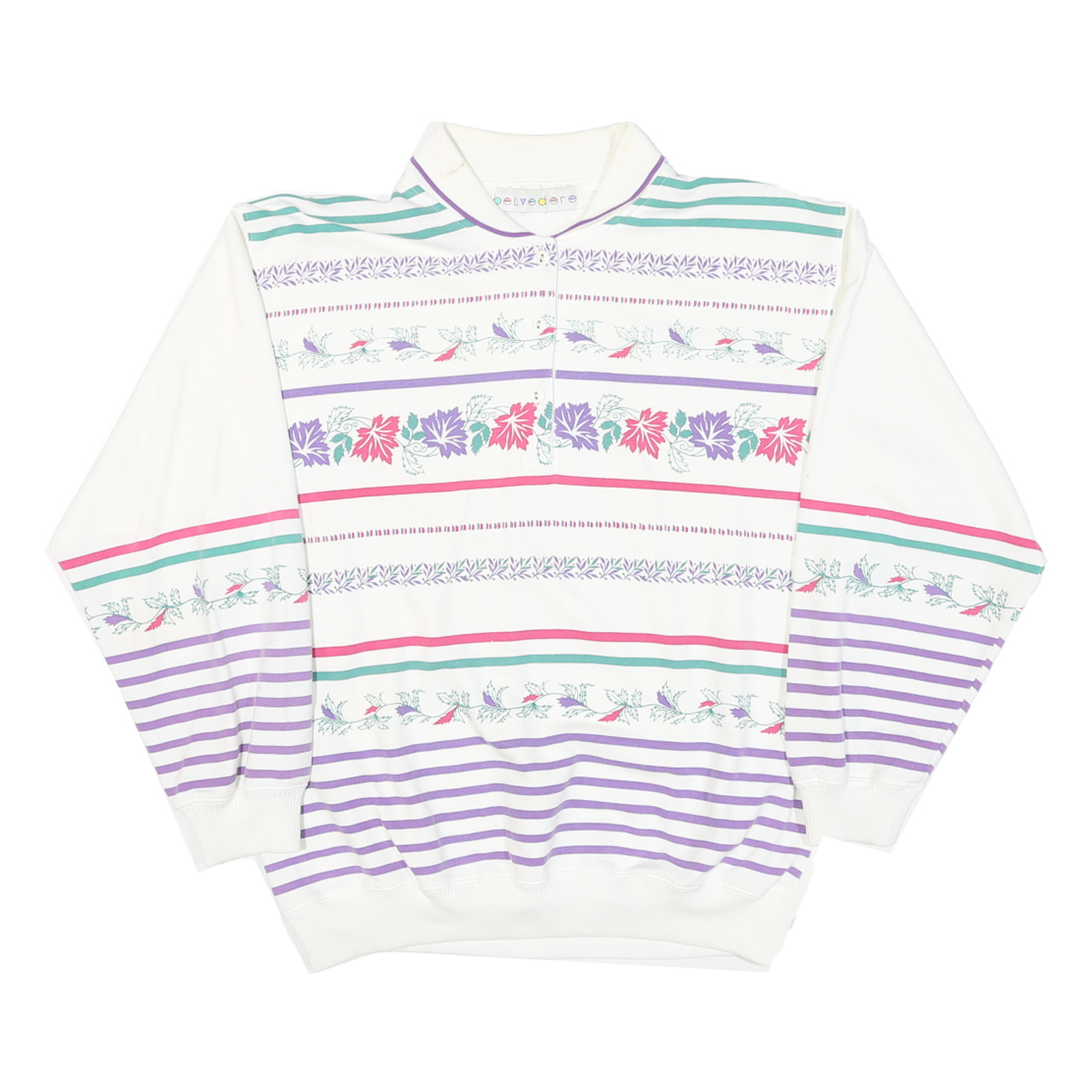 BELVEDERE Womens White & Purple Floral Stripe Collared S Vintage Sweatshirt Refurbished - N/A refurbished available on Cerqular