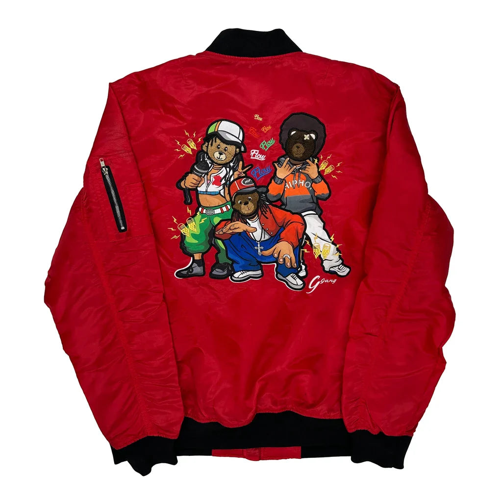 Hip Hop Bears Bleecker & Mercer Graphic Bomber Jacket - 2XL Red Polyester Refurbished - Thrifted (note: this is a term often used to describe second- refurbished available on Cerqular