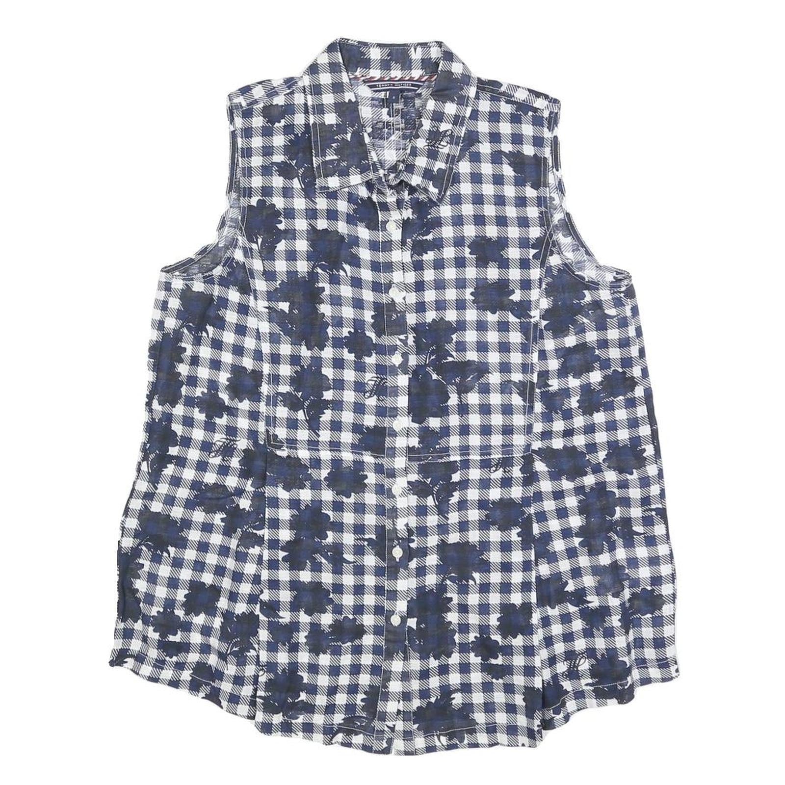 TOMMY HILFIGER Womens Blue & White Sleeveless Check Shirt M Linen Blend Refurbished - N/A refurbished available on Cerqular
