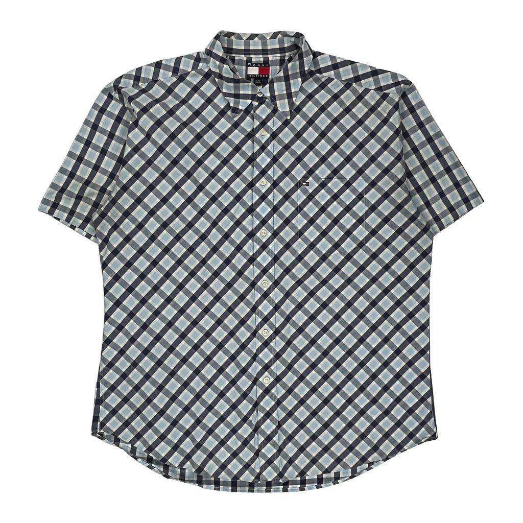 Tommy Hilfiger Checked Short Sleeve Shirt - XL Blue Cotton Refurbished - Thrifted (note: this is a term often used to describe second- refurbished available on Cerqular