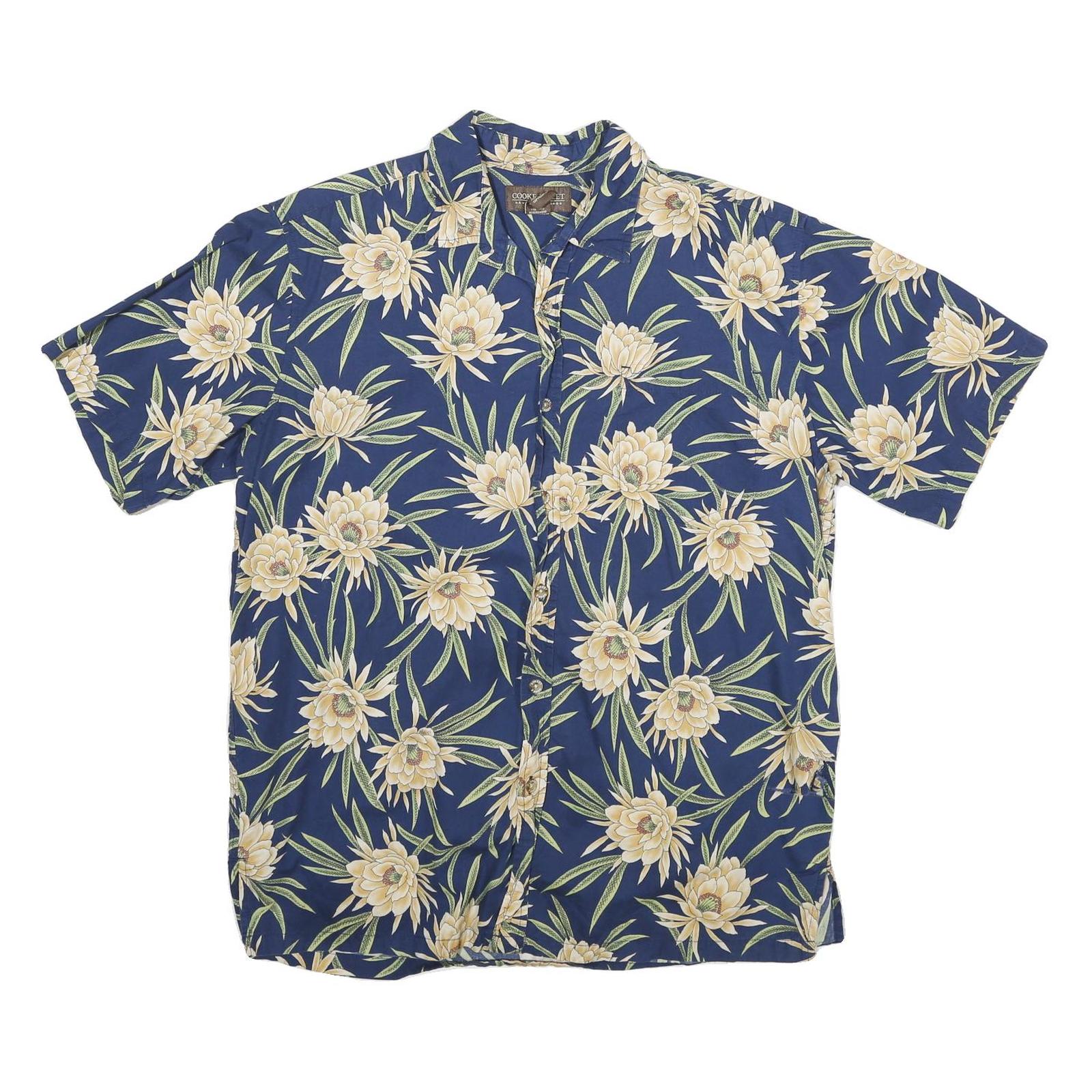 COOKE STREET Mens Blue Floral Cotton Blend Hawaiian Shirt M Short Sleeve Button Refurbished - N/A refurbished available on Cerqular