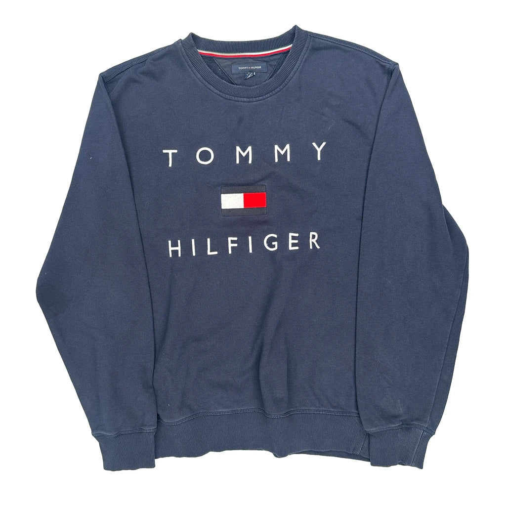 Tommy Hilfiger Spellout Sweatshirt - XL Navy Cotton Refurbished - Thrifted (note: this is a term often used to describe second- refurbished available on Cerqular