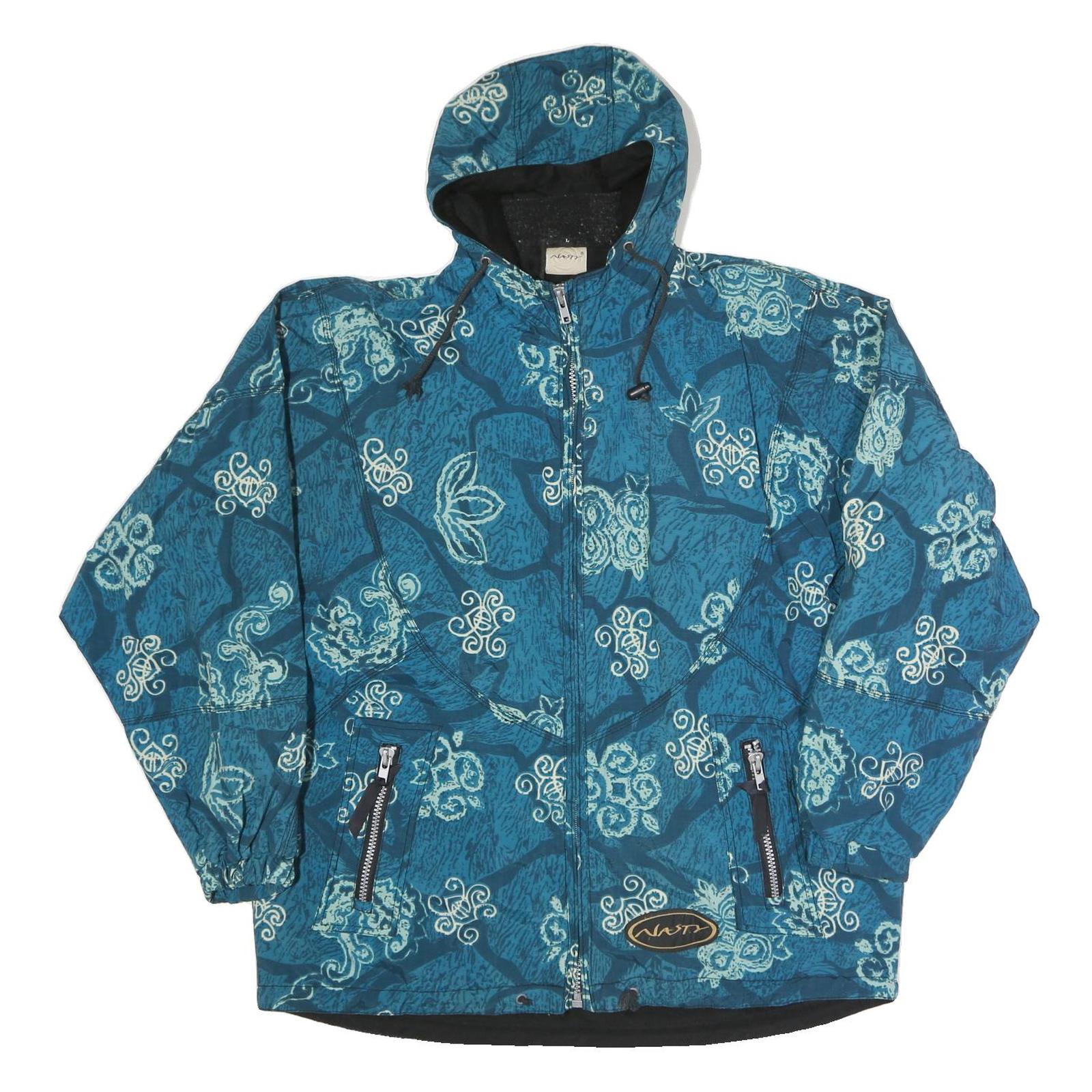 NASTY Mens Blue Crazy Pattern Outdoor Jacket L Polyester Blend Woven Hooded Zip Refurbished - N/A refurbished available on Cerqular