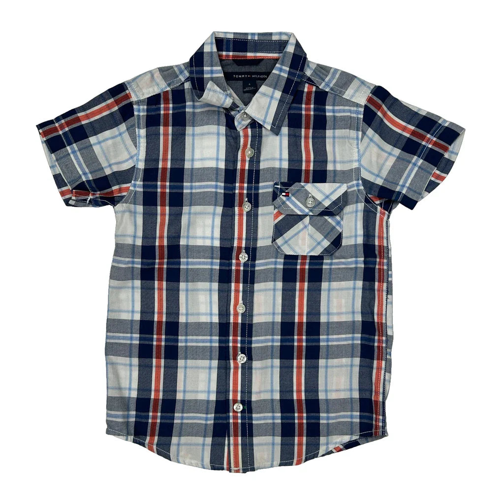 Age 6 Tommy Hilfiger Checked Short Sleeve Shirt - XS Blue Cotton Refurbished - Thrifted (note: this is a term often used to describe second- refurbished available on Cerqular