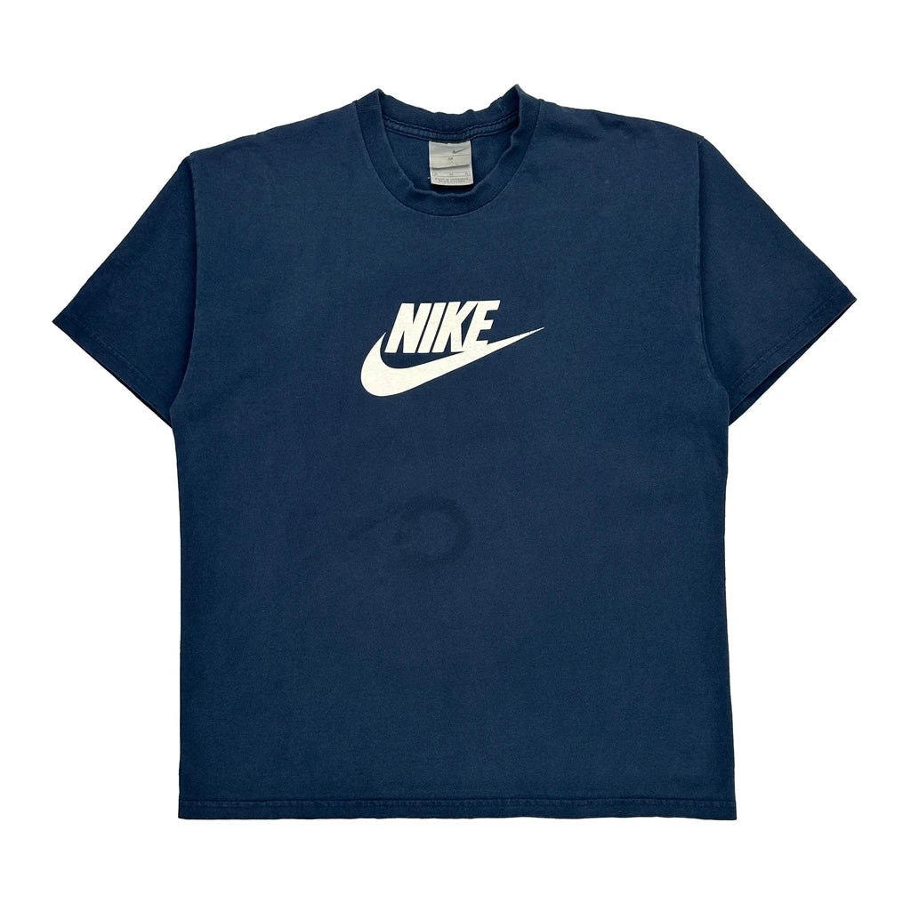 Nike Graphic T-Shirt - Medium Blue Cotton Refurbished - Thrifted (note: this is a term often used to describe second- refurbished available on Cerqular