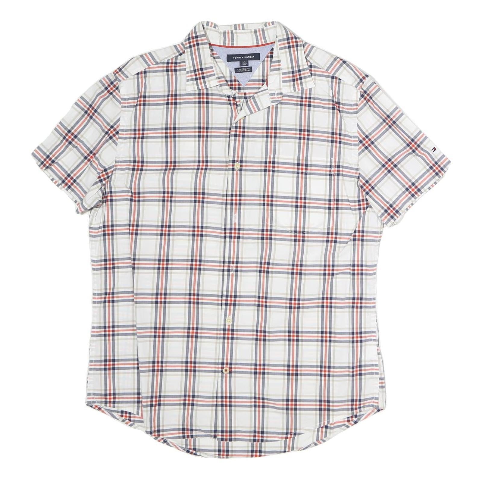 TOMMY HILFIGER Mens White & Navy Check Shirt L Short Sleeve Cotton Casual Refurbished - N/A refurbished available on Cerqular
