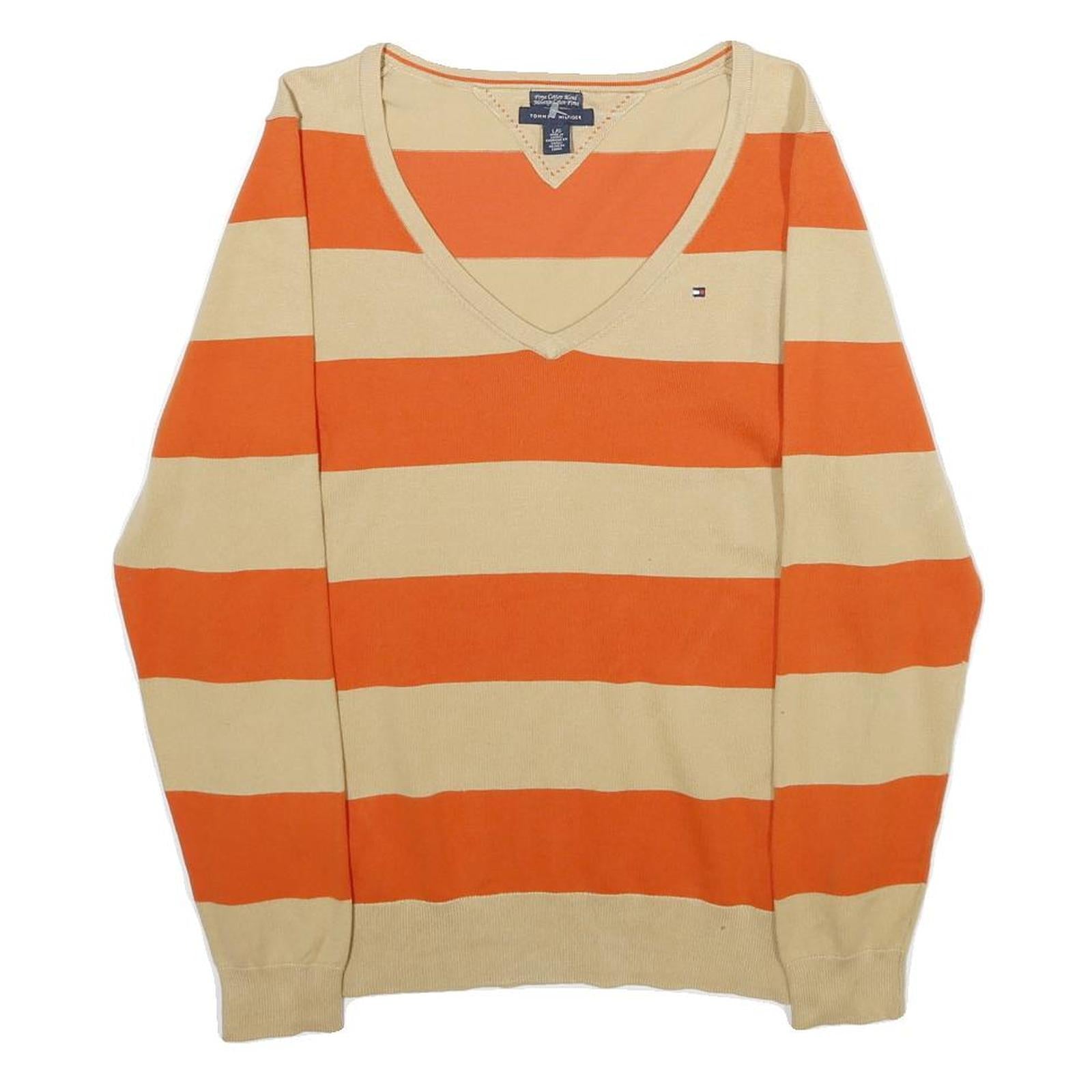 TOMMY HILFIGER Womens Orange & Beige Striped Plain V-Neck Basic Knit Jumper L Refurbished - N/A refurbished available on Cerqular