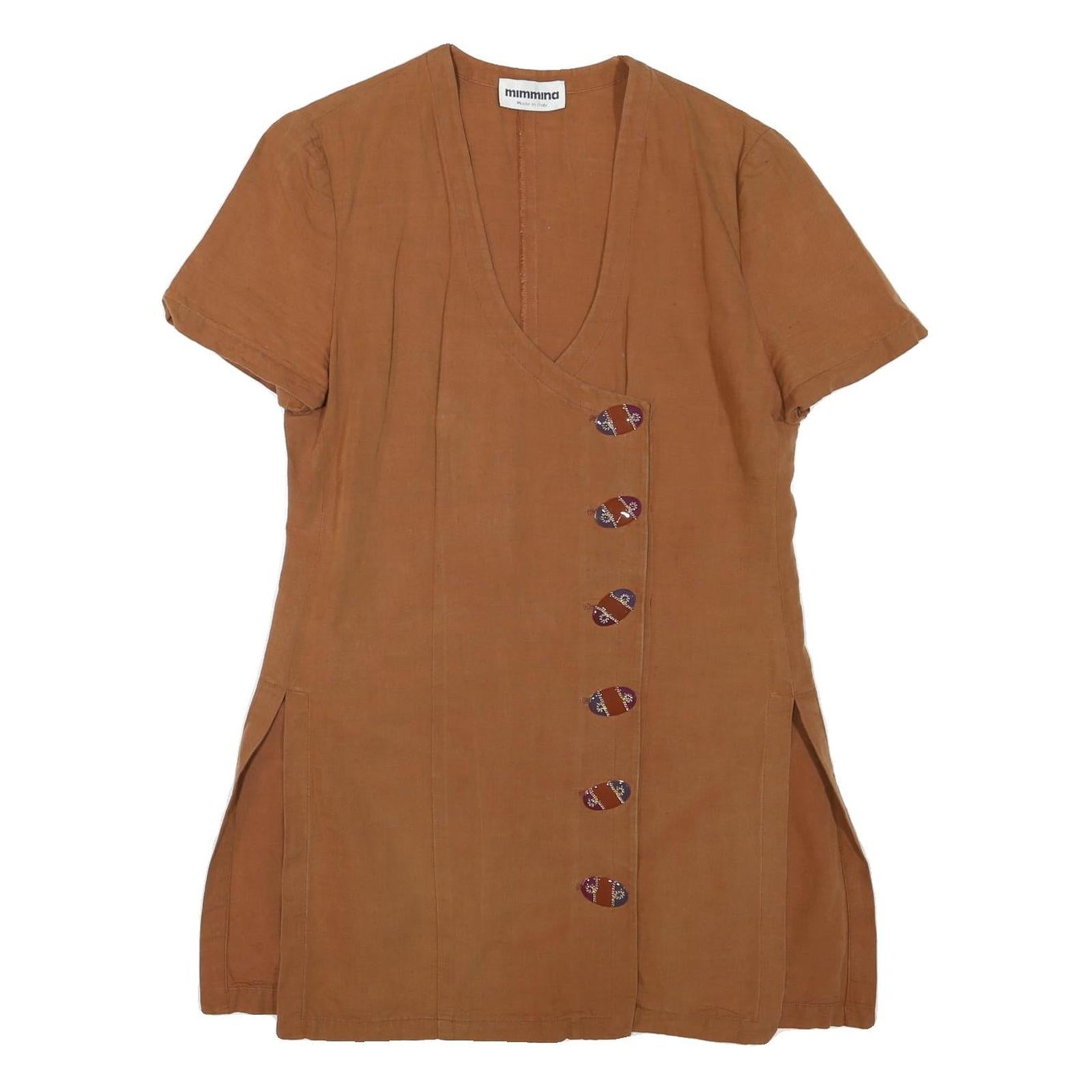 MIMMINA Womens Brown Cotton Blend Button Top M Casual Short Sleeve V Neck Refurbished - N/A refurbished available on Cerqular