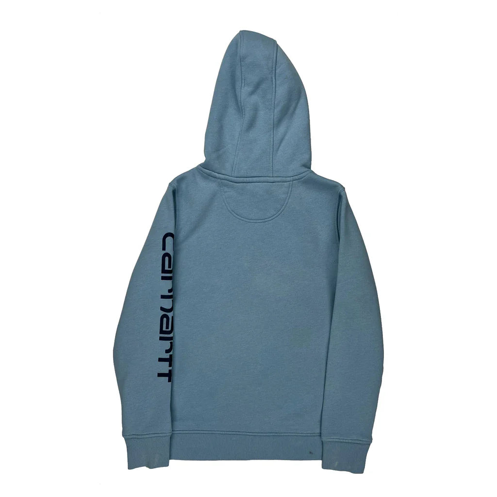 Carhartt Spellout Hoodie - Medium Blue Cotton Refurbished - Thrifted (note: this is a term often used to describe second- refurbished available on Cerqular