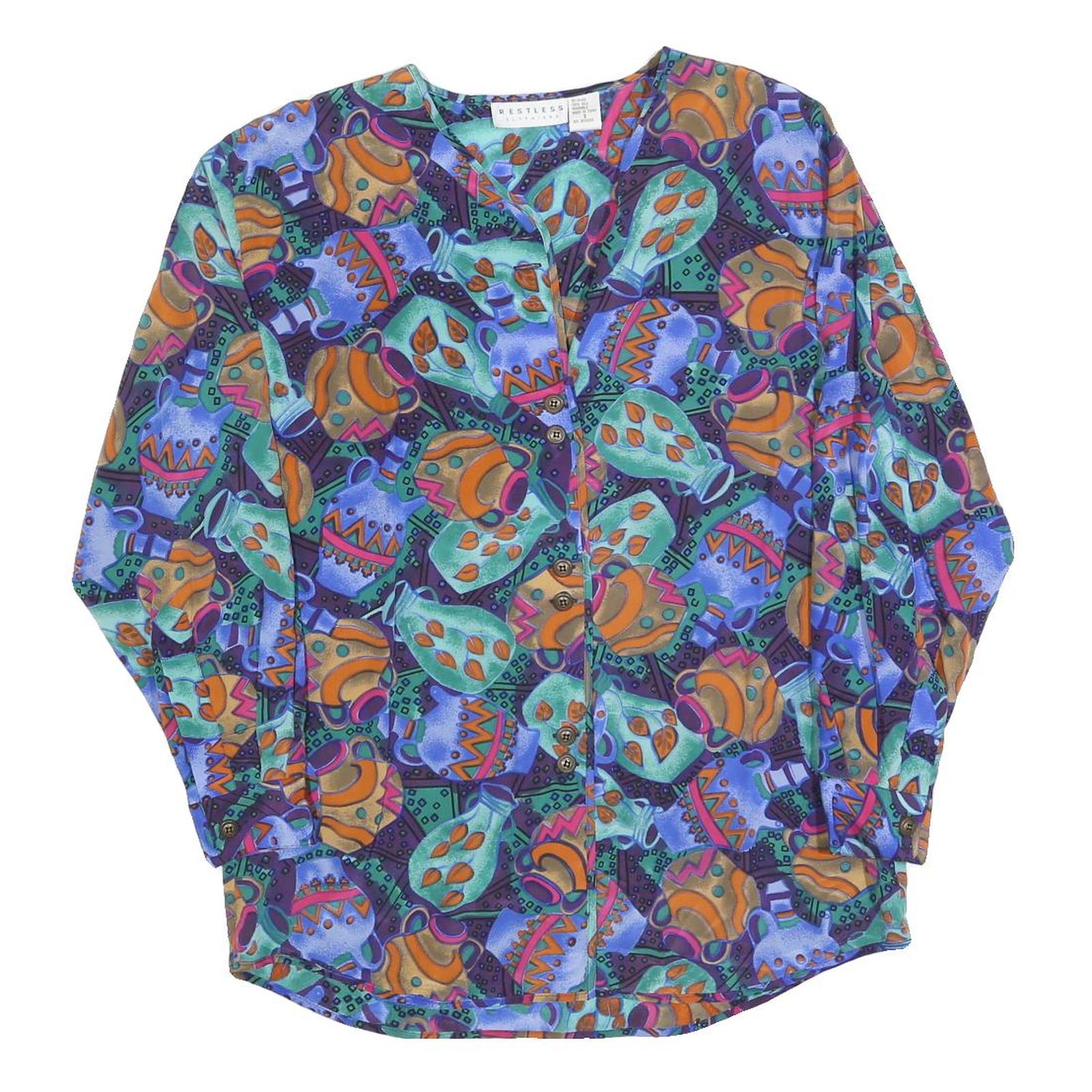 RESTLESS Womens Blue Green Printed Blouse Long Sleeve V-Neck S Artistic Silk Top Refurbished - N/A refurbished available on Cerqular
