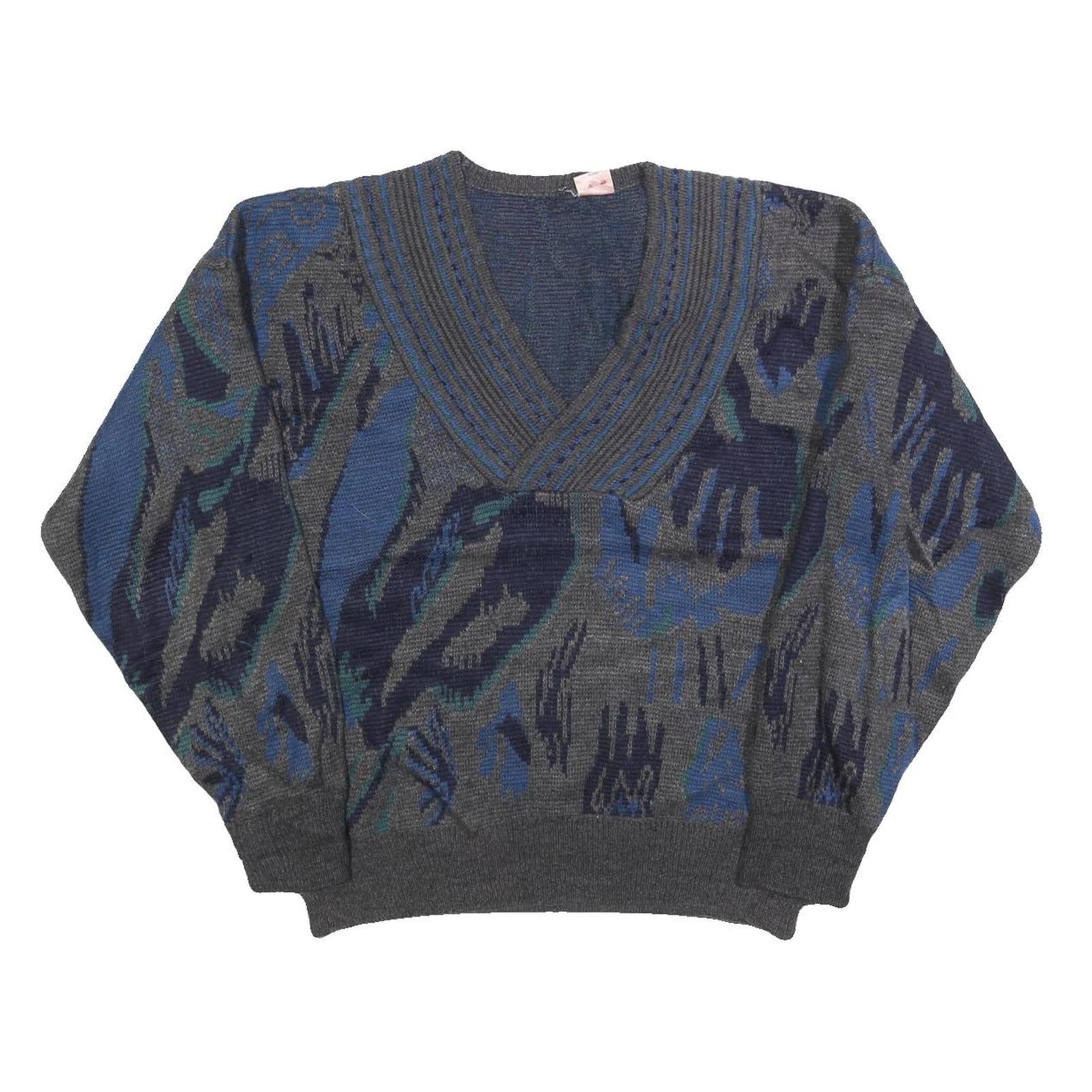 Mens Grey Blue Abstract Pattern V-Neck Chunky Knit Wool Blend Jumper L Refurbished - N/A refurbished available on Cerqular