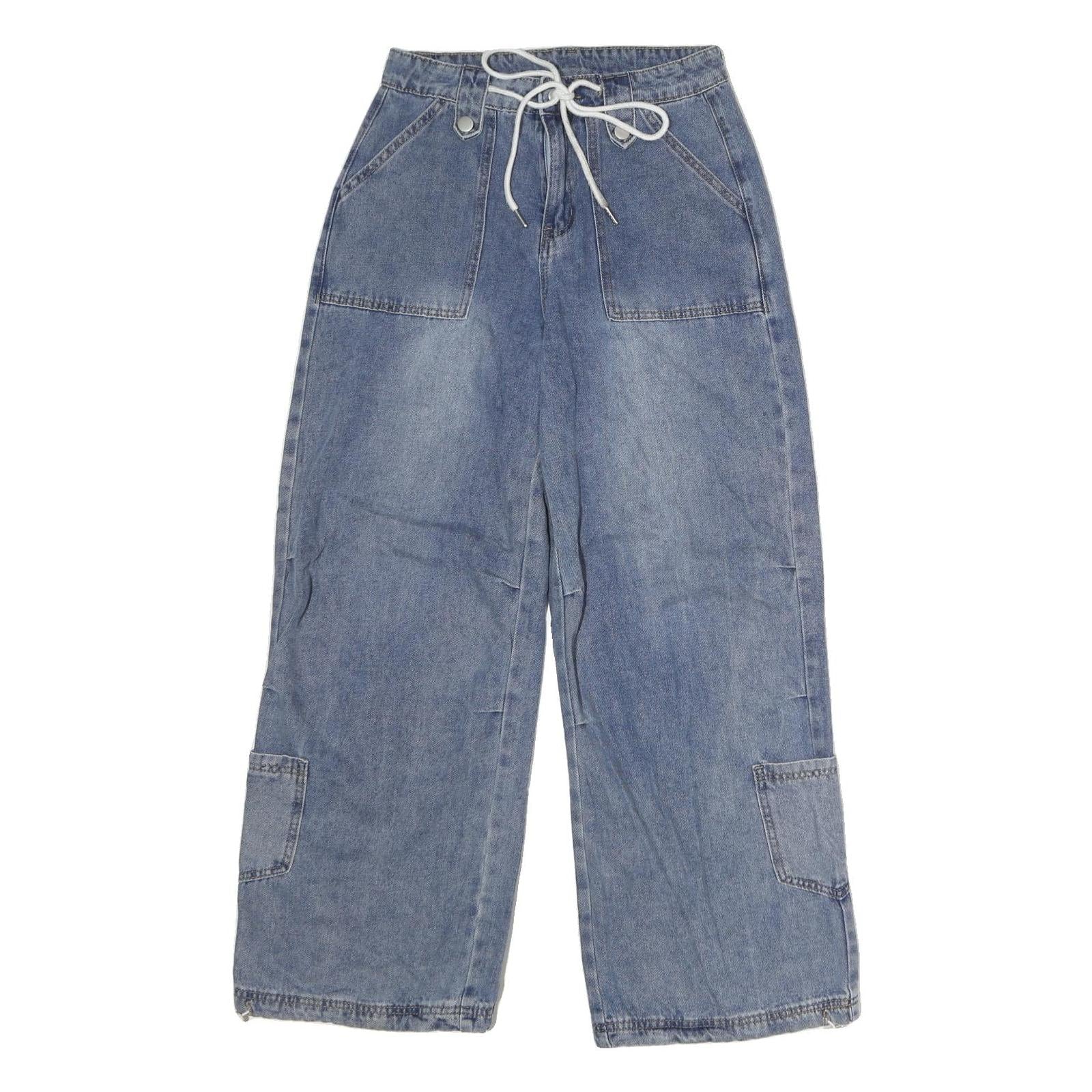 Womens Regular Fit Blue Denim Cotton Blend Wide-Leg Jeans W28 L30 Drawstring Refurbished - N/A refurbished available on Cerqular