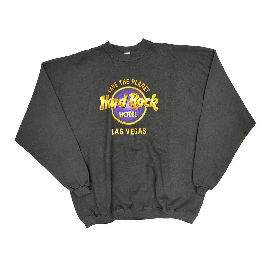 Las Vegas Hard Rock Cafe Graphic Sweatshirt - XL Black Cotton Refurbished - Thrifted (note: this is a term often used to describe second- refurbished available on Cerqular