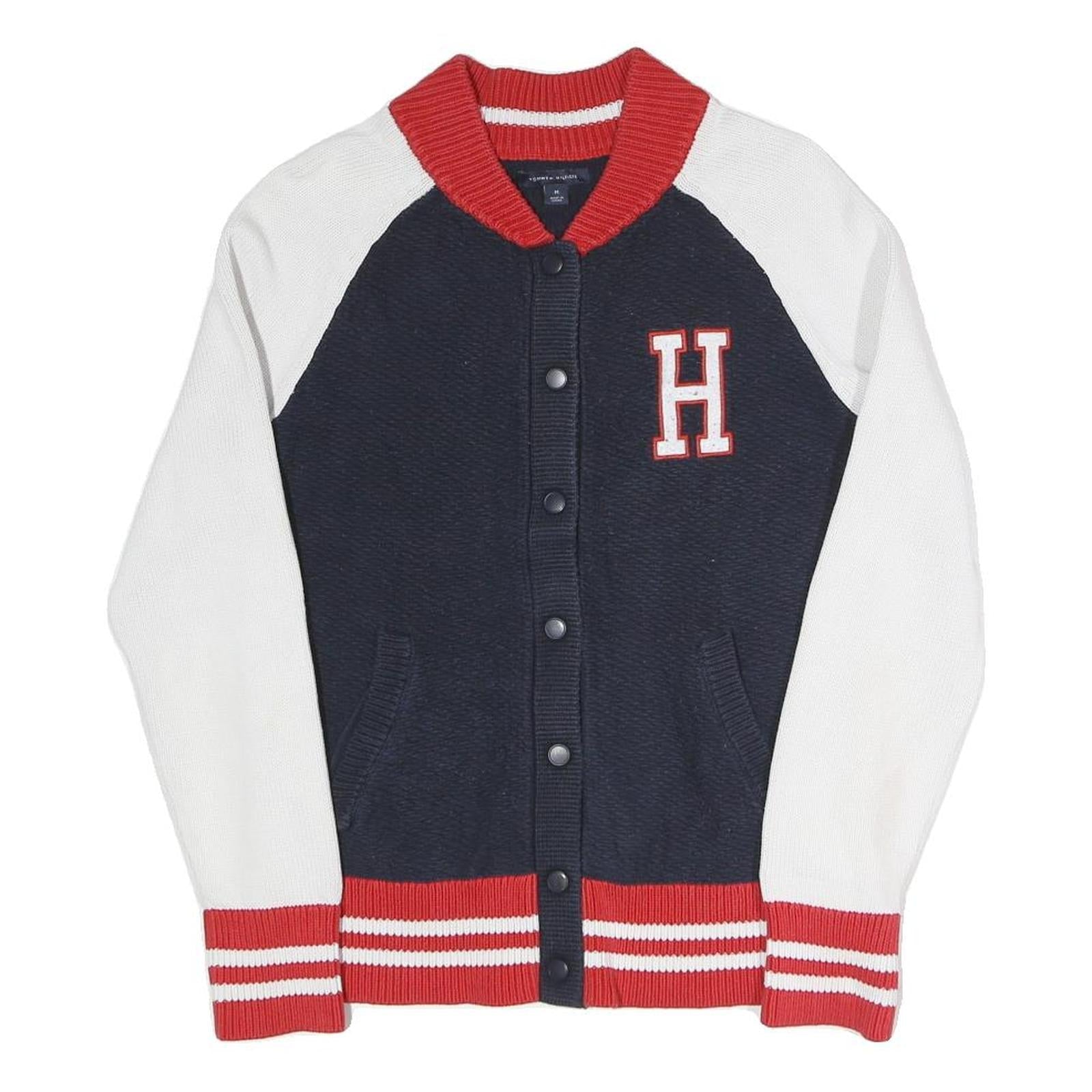 TOMMY HILFIGER Womens Navy & White Varsity Patterned Button Up Cotton Blend Refurbished - N/A refurbished available on Cerqular