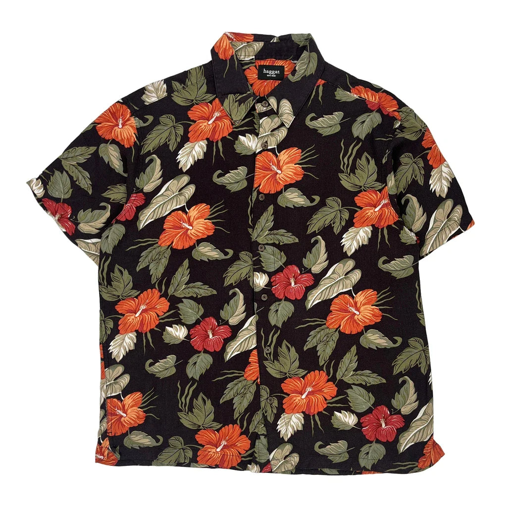 Haggar Floral Hawaiian Shirt - Large Black Cotton Refurbished - Thrifted (note: this is a term often used to describe second- refurbished available on Cerqular