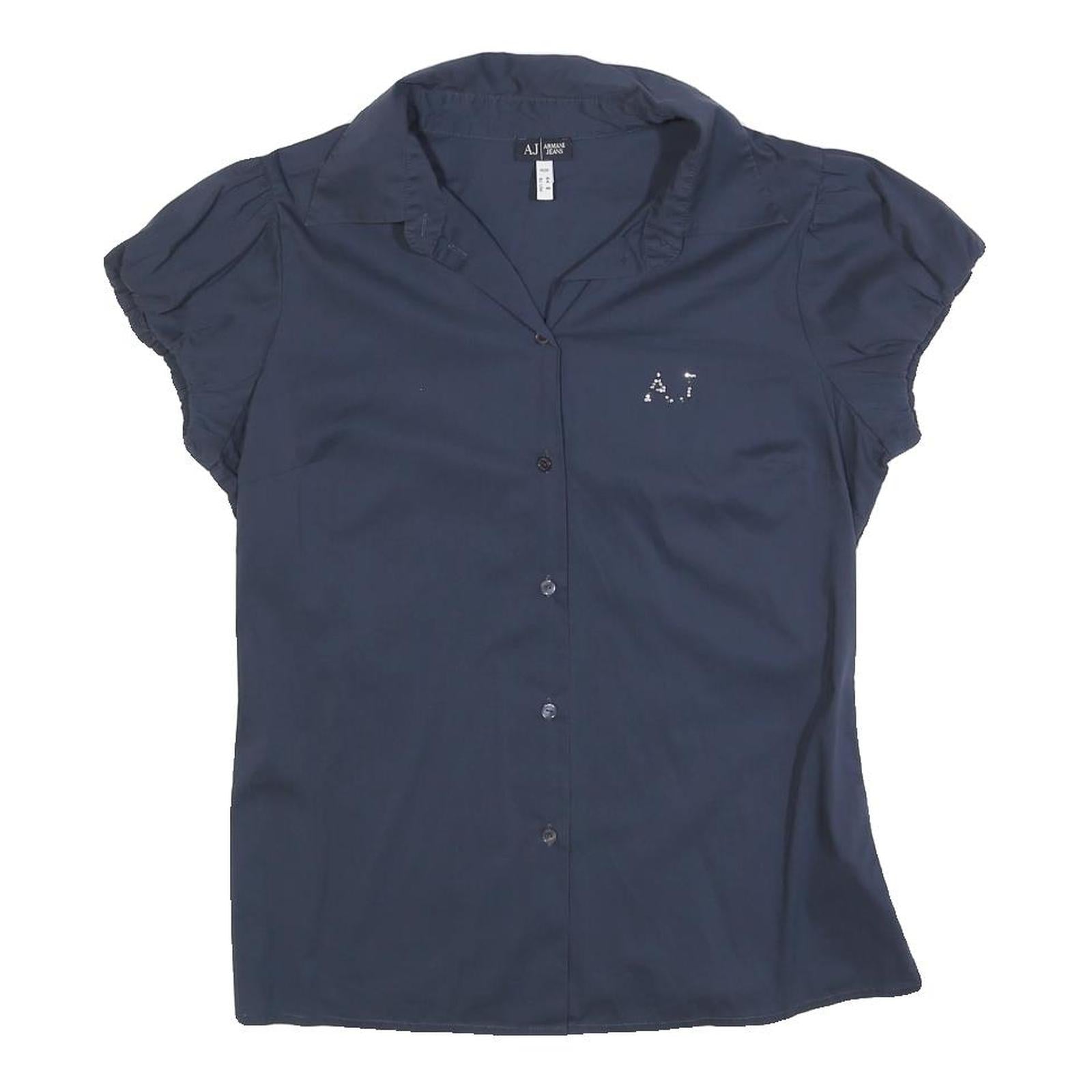 ARMANI JEANS Womens Navy Blue Shirt M Short Sleeve Button Front AJ Studded Logo Refurbished - N/A refurbished available on Cerqular