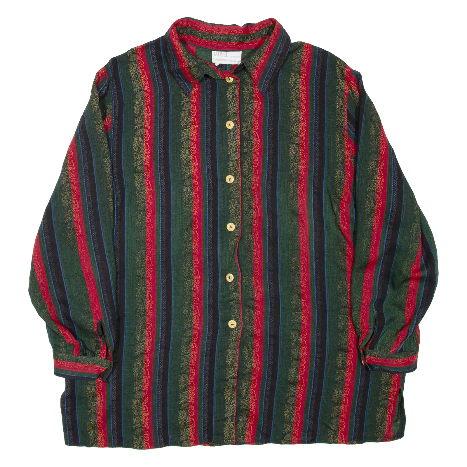 PETER HAHN Womens Printed Shirt Red Collared Long Sleeve Striped L Refurbished - N/A refurbished available on Cerqular