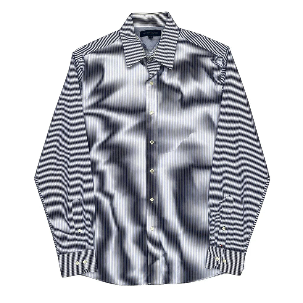 Tommy Hilfiger Striped Shirt - Medium Blue Cotton Refurbished - Thrifted (note: this is a term often used to describe second- refurbished available on Cerqular
