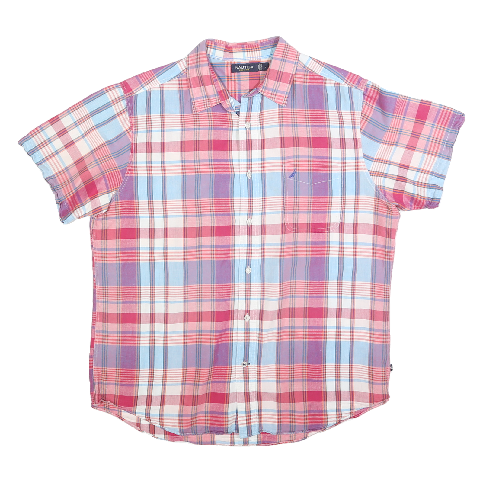 NAUTICA Mens Pink & Blue Check Shirt L Cotton Blend Short Sleeve Casual Refurbished - N/A refurbished available on Cerqular
