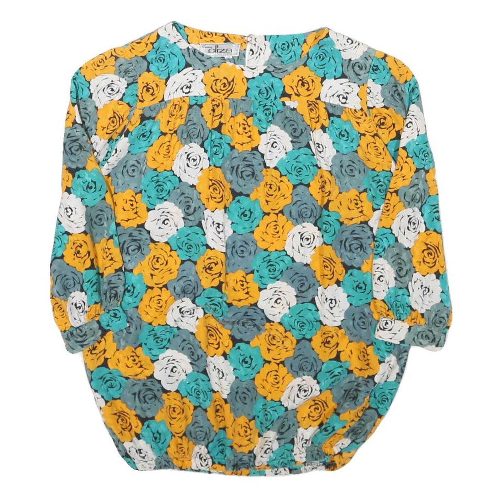 CLIZA Womens Yellow & Teal Floral Blouse Long Sleeve Round Neck Size S Elegant Refurbished - N/A refurbished available on Cerqular