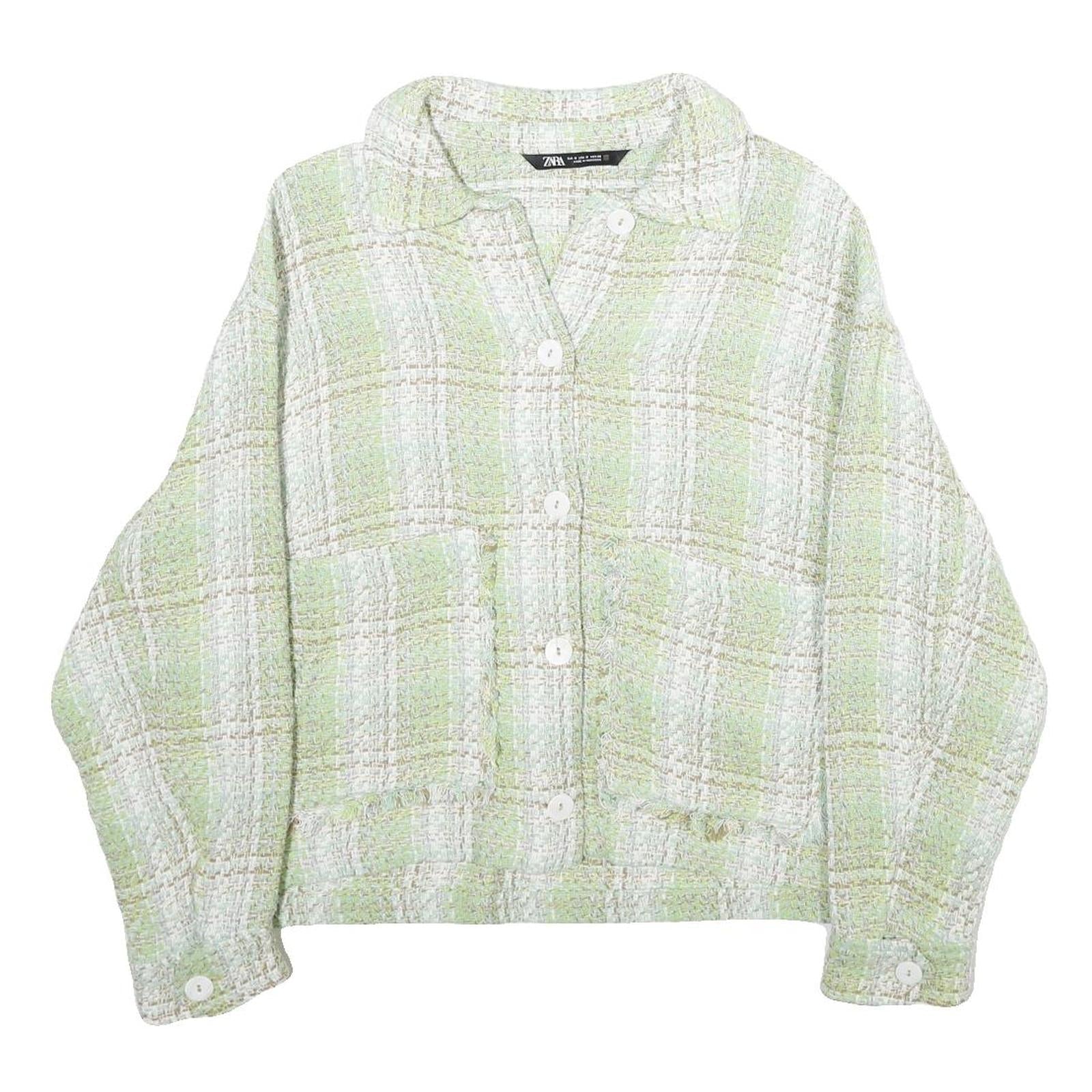 ZARA Womens Green & White Button Jacket M Cotton Blend Check Pattern Stylish Refurbished - N/A refurbished available on Cerqular